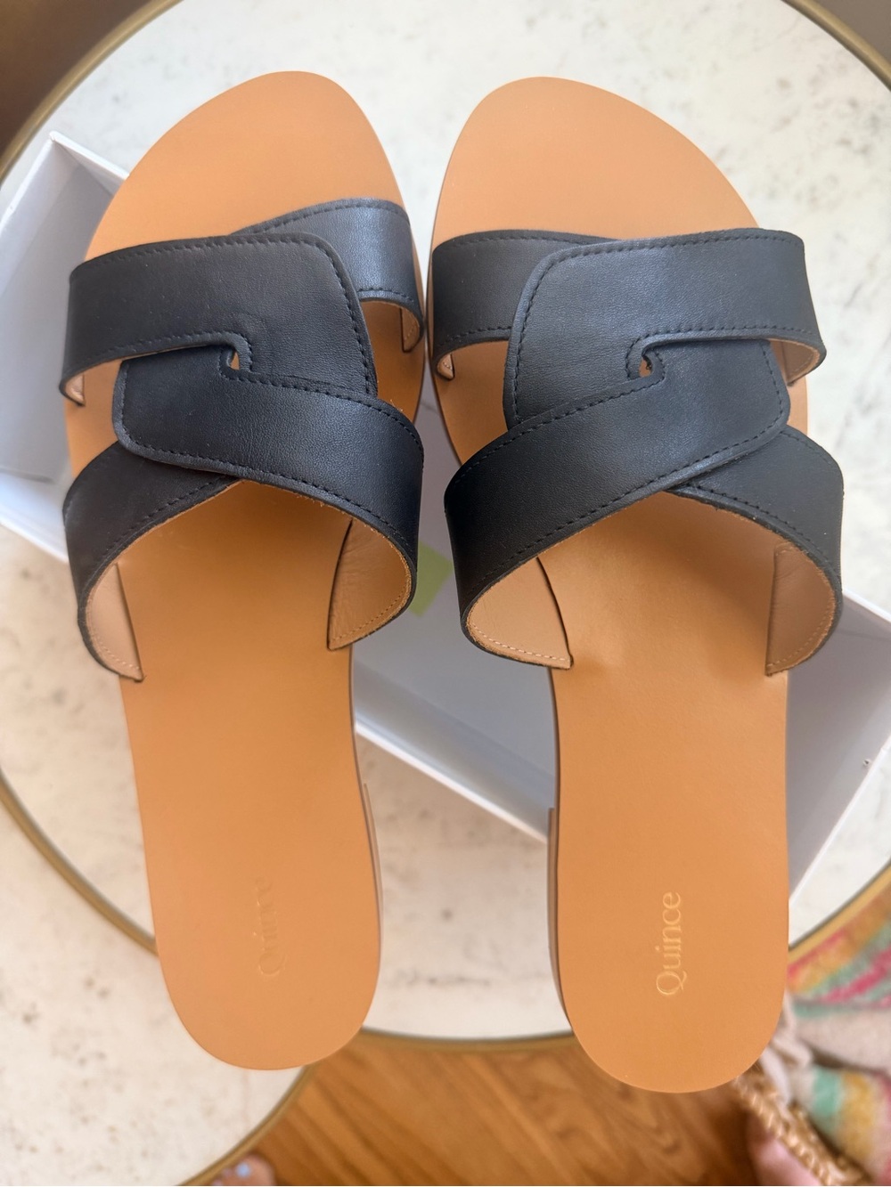 Quince Black Italian Leather Slide Sandals with Tan Footbed 9.5 New in Box - Picture 8 of 11